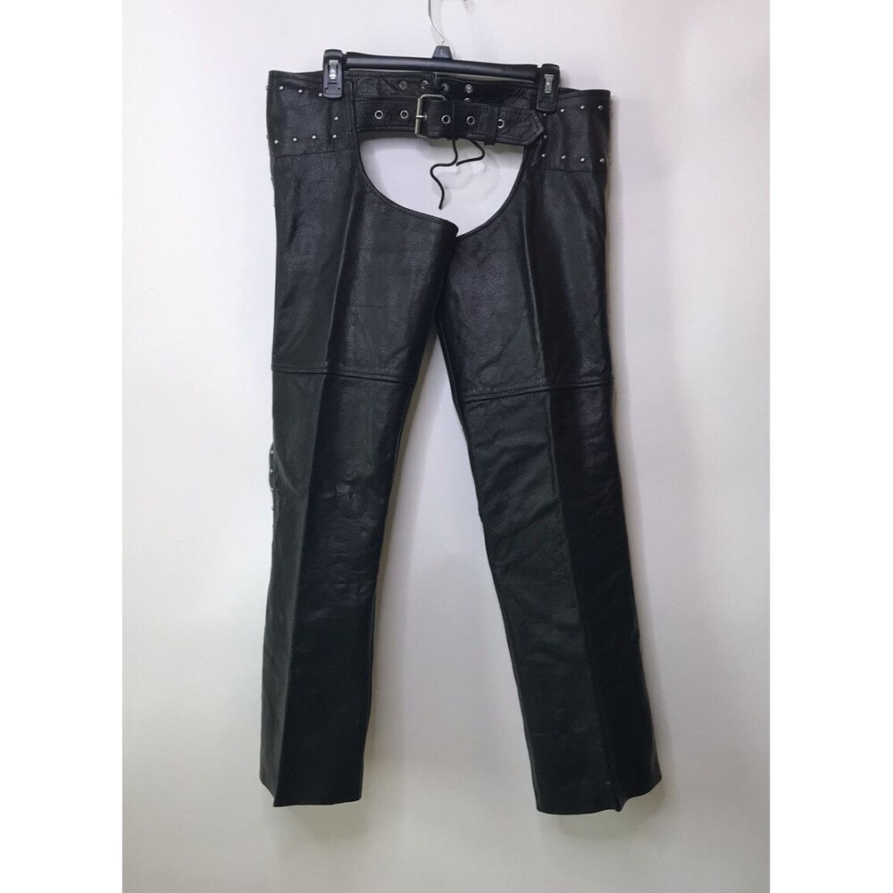 Unik Black Faux Leather Open-Front Chaps Pants with Studded Waist